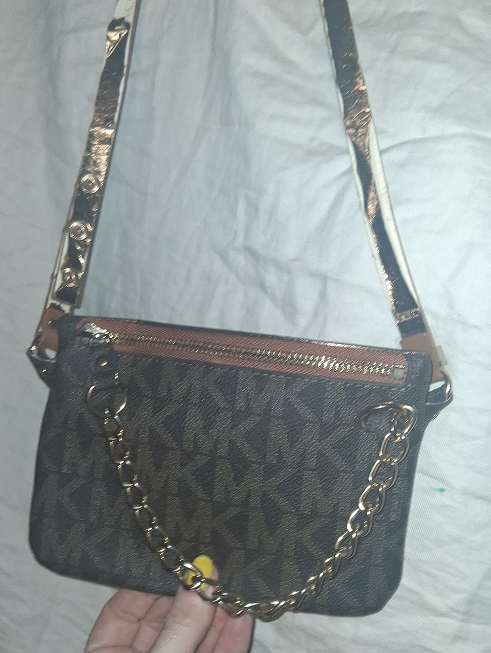 Michael Kors Brown Logo Crossbody with Gold Chain and Tan Trim